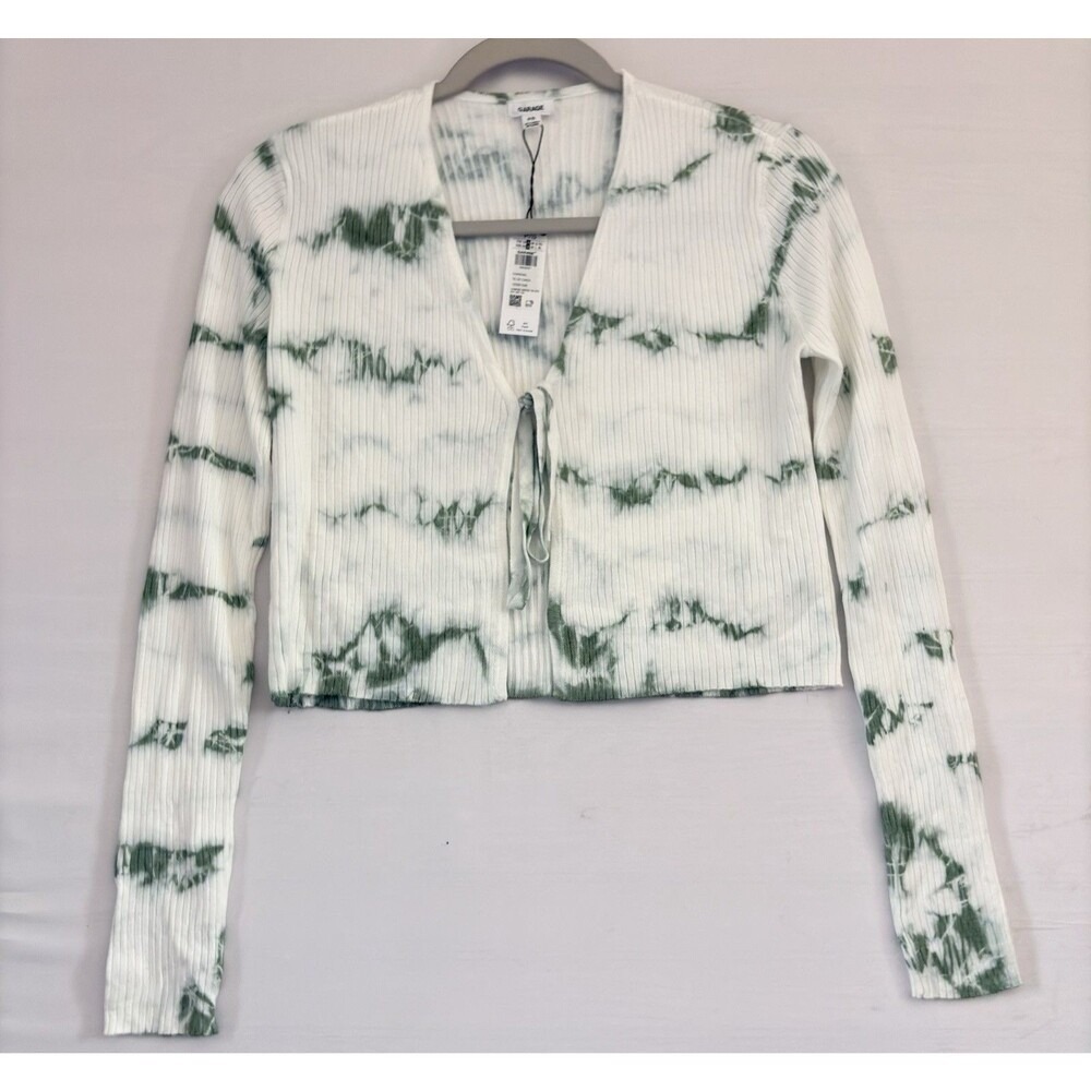 Garage Women Tie Dye Ribbed Cropped Cardigan Green White Tie Front Top P/S NEW